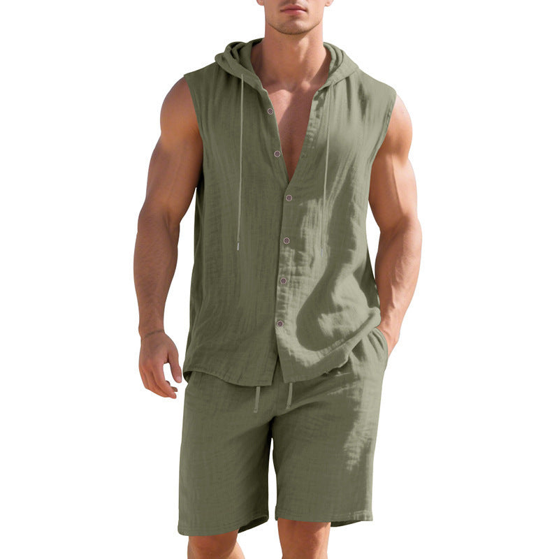 Men’s sleeveless button-up jumpsuit with drawstring waist