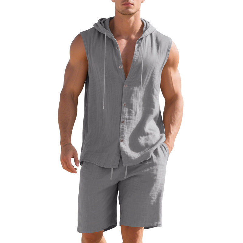Men’s sleeveless button-up jumpsuit with drawstring waist