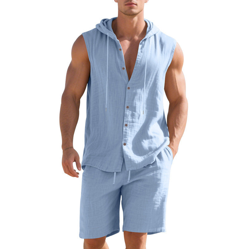 Men’s sleeveless button-up jumpsuit with drawstring waist