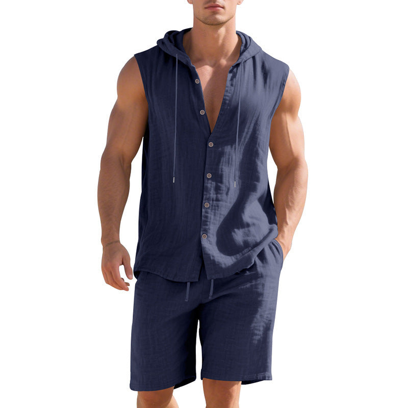 Men’s sleeveless button-up jumpsuit with drawstring waist