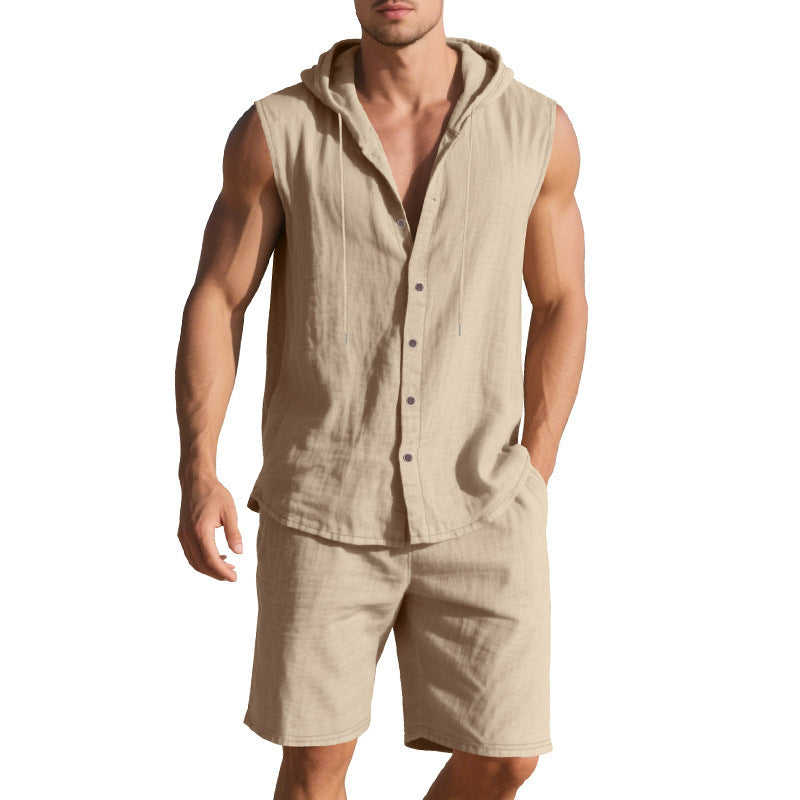 Men’s sleeveless button-up jumpsuit with drawstring waist