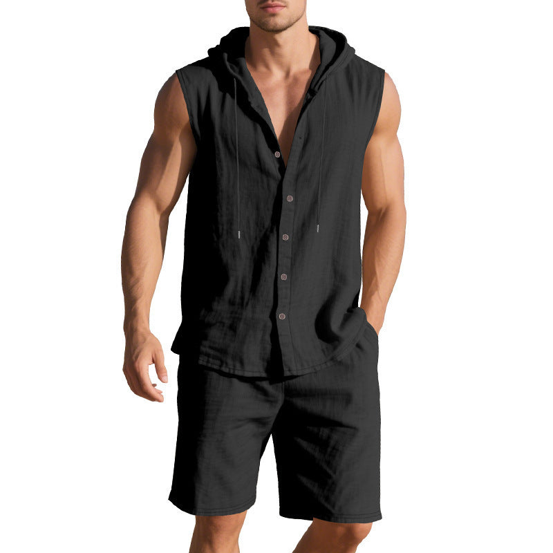 Men’s sleeveless button-up jumpsuit with drawstring waist