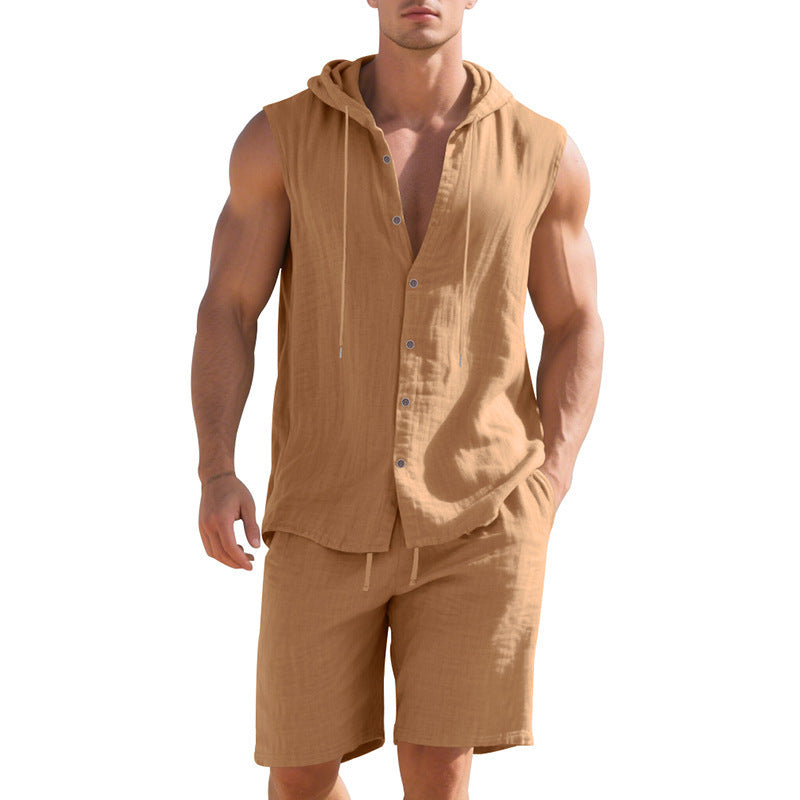 Men’s sleeveless button-up jumpsuit with drawstring waist