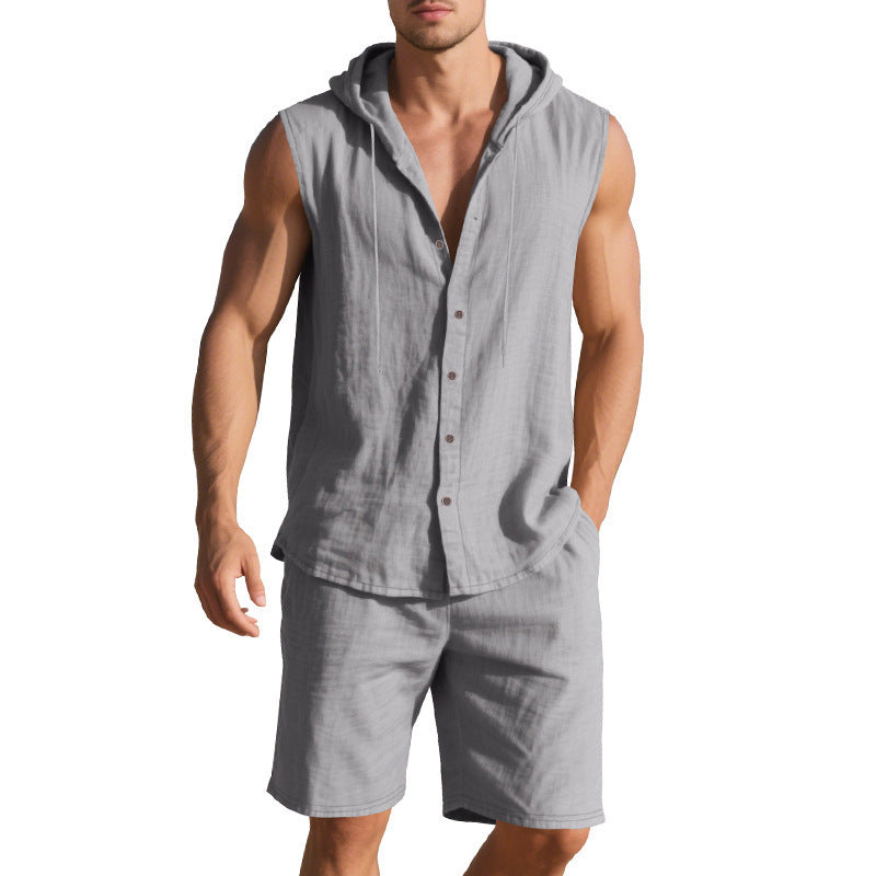 Men’s sleeveless button-up jumpsuit with drawstring waist