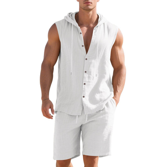 Men’s sleeveless button-up jumpsuit with drawstring waist