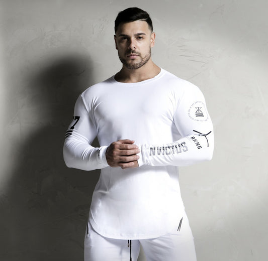 Men’s slim-fit long-sleeve shirt with printed sleeve design