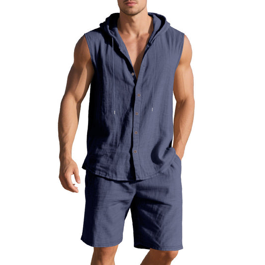 Men’s sleeveless button-up jumpsuit with drawstring waist