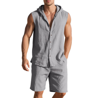 Men’s sleeveless button-up jumpsuit with drawstring waist
